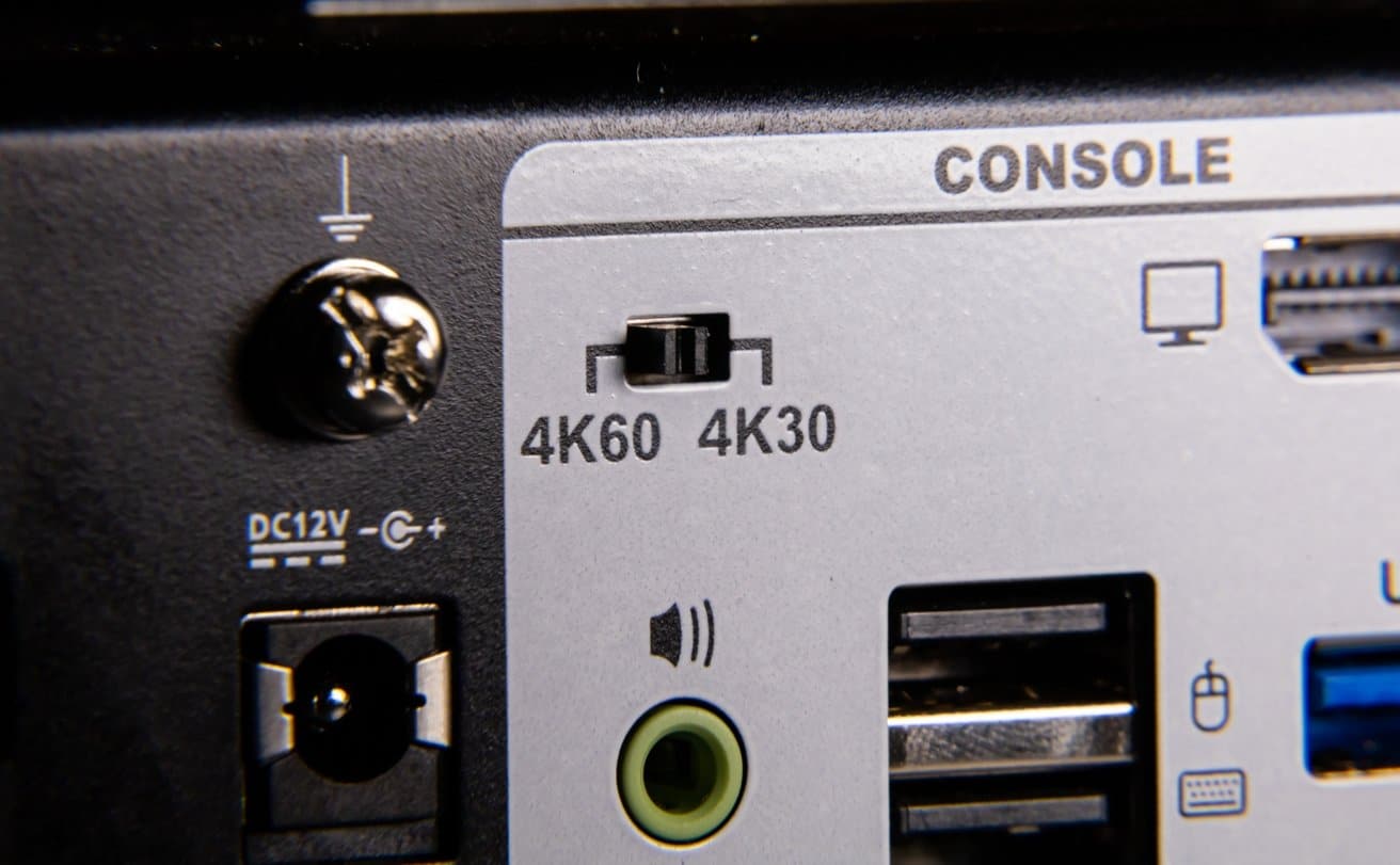Un interruptor en la parte posterior determina si obtiene velocidades 4K60 y USB 2.0 o 4K30 y USB 3.0 cuando conecta una MacBook a la conexión USB-C. 