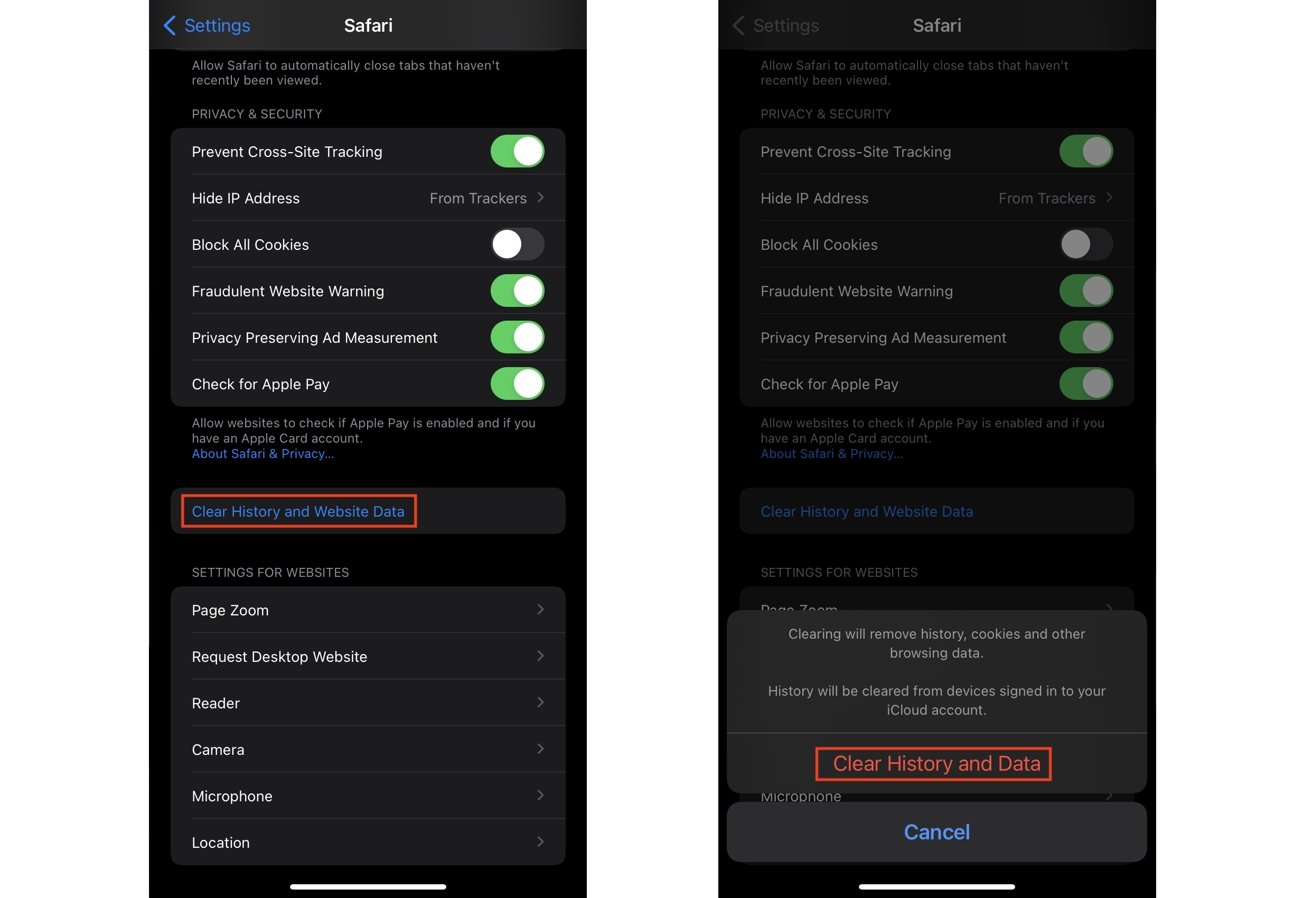 Borrar el historial y los datos del sitio web en Safari puede ayudar, pero afecta a todos los dispositivos conectados a su ID de Apple, así que tenga cuidado. 