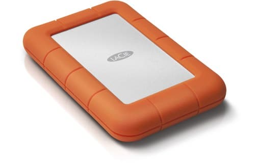 Disco duro Rugged USB-C de 1 TB con borde naranja de la marca LaCie 