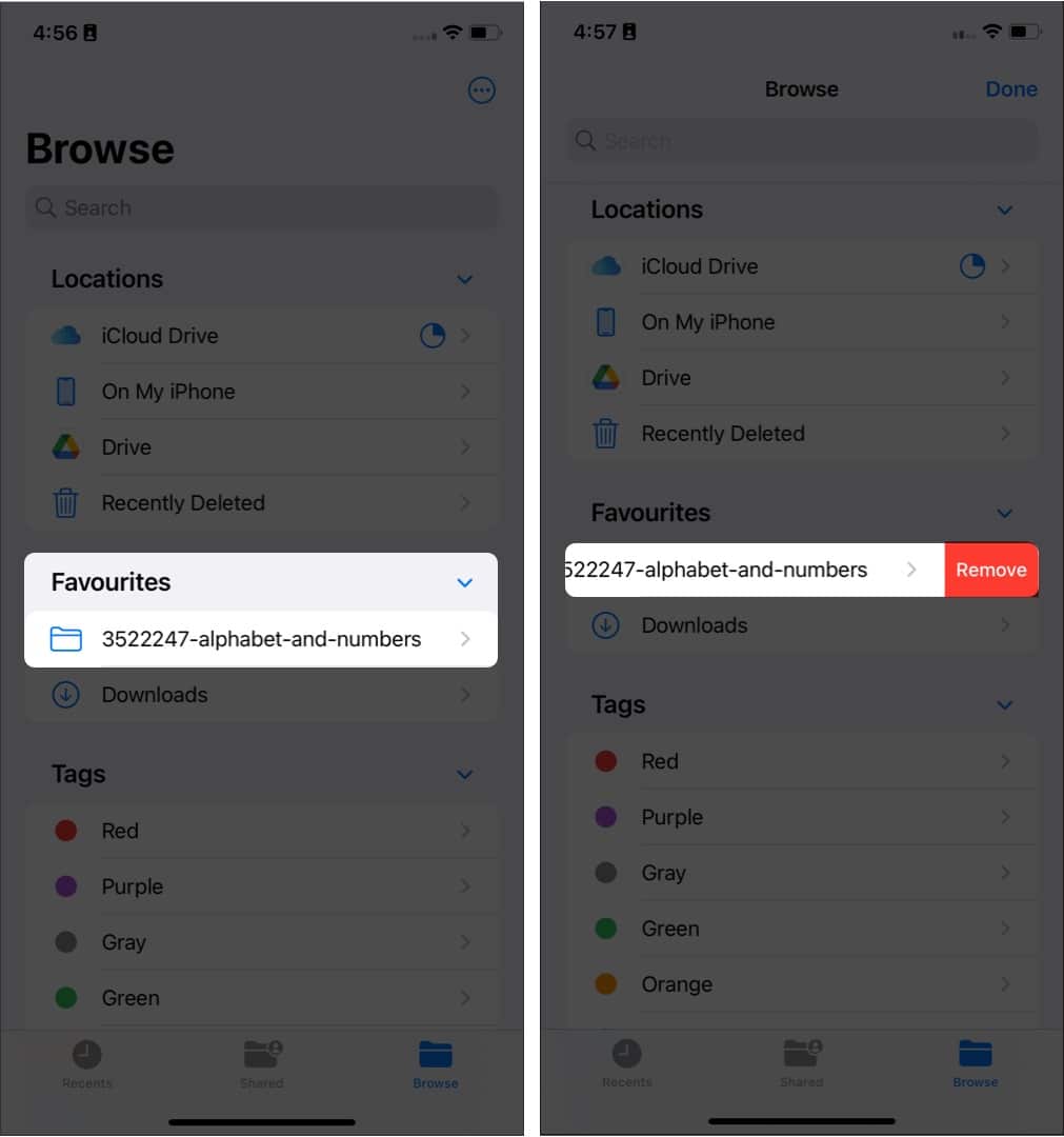 Pasos para eliminar carpetas de favoritos en la aplicación Archivos en iPhone