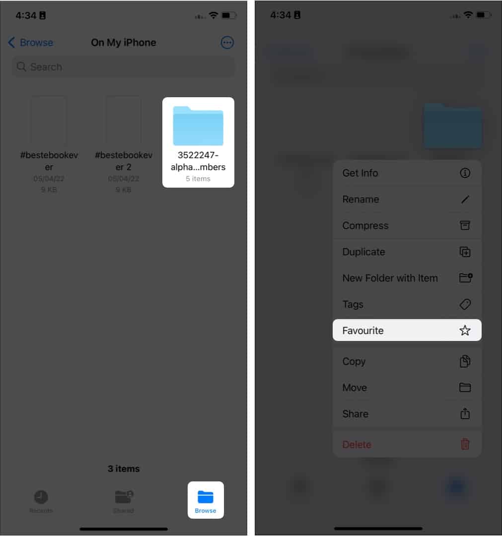 Pasos para agregar una carpeta a favoritos en la aplicación Archivos en un iPhone