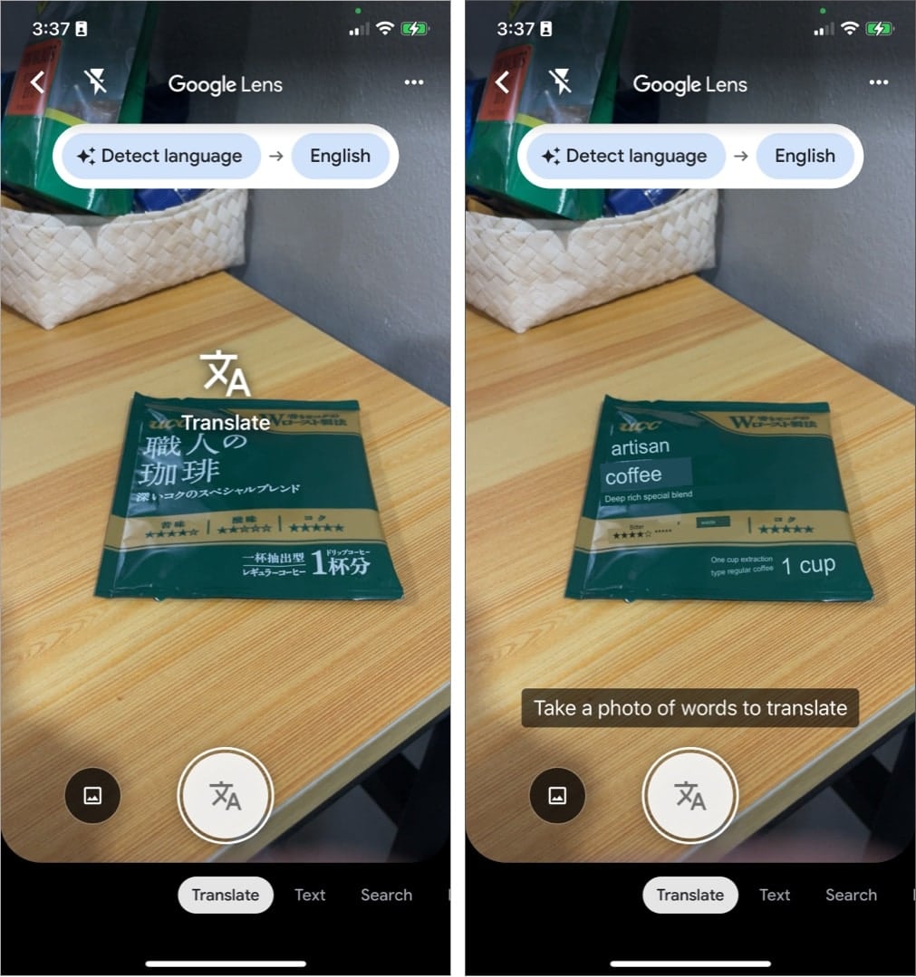 Uso de la traducción en Google Lens en un iPhone