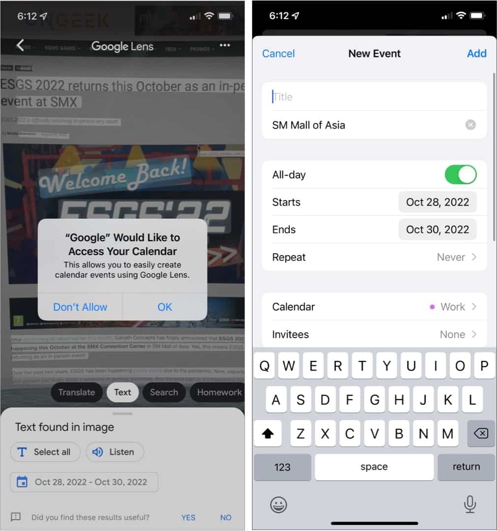 Agregar un evento usando Google Lens en un iPhone