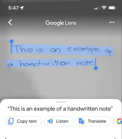 Escaneo de texto escrito a mano con Google Lens en un iPhone