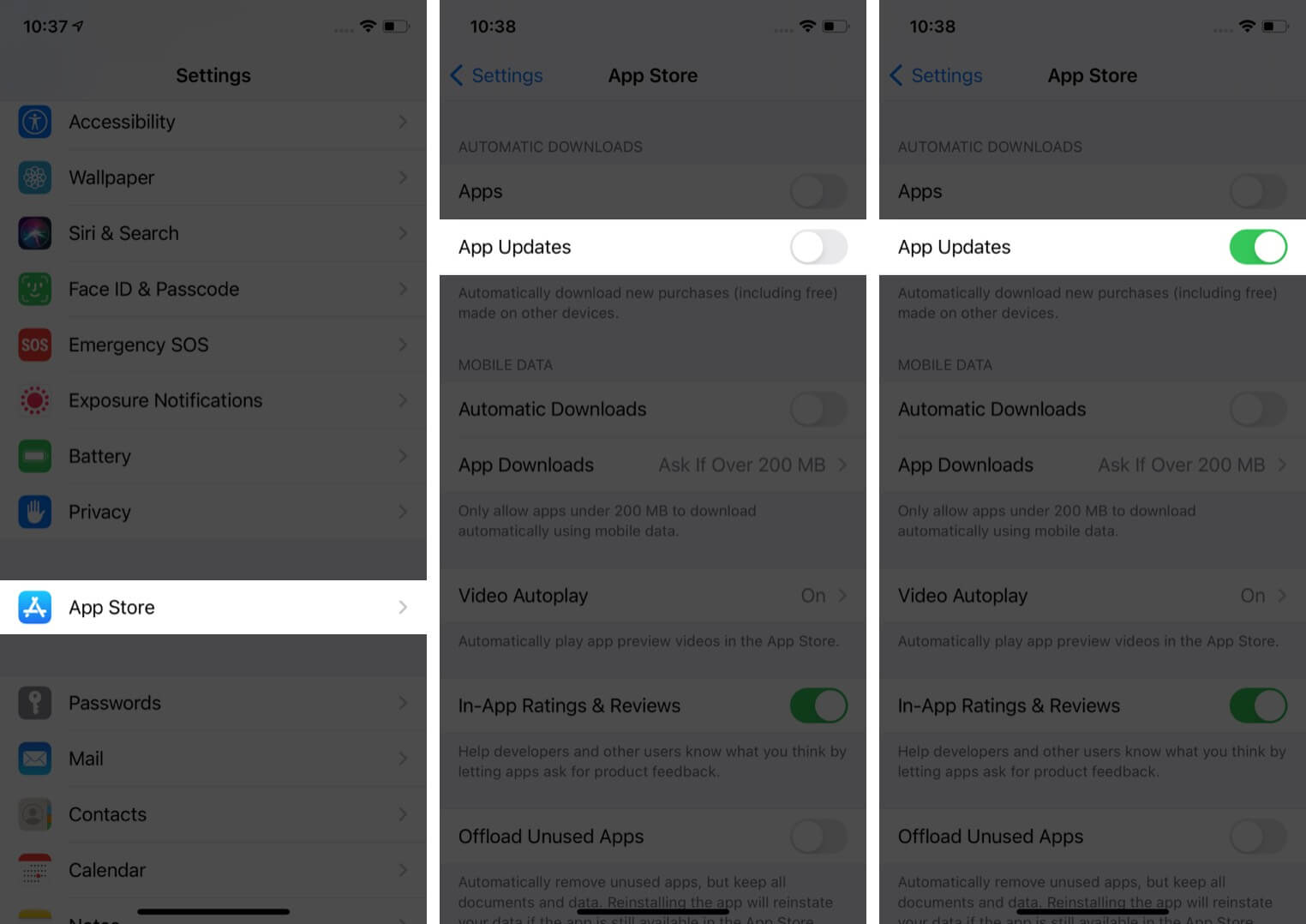 Toque App Store en Configuración y habilite las actualizaciones de aplicaciones en iPhone
