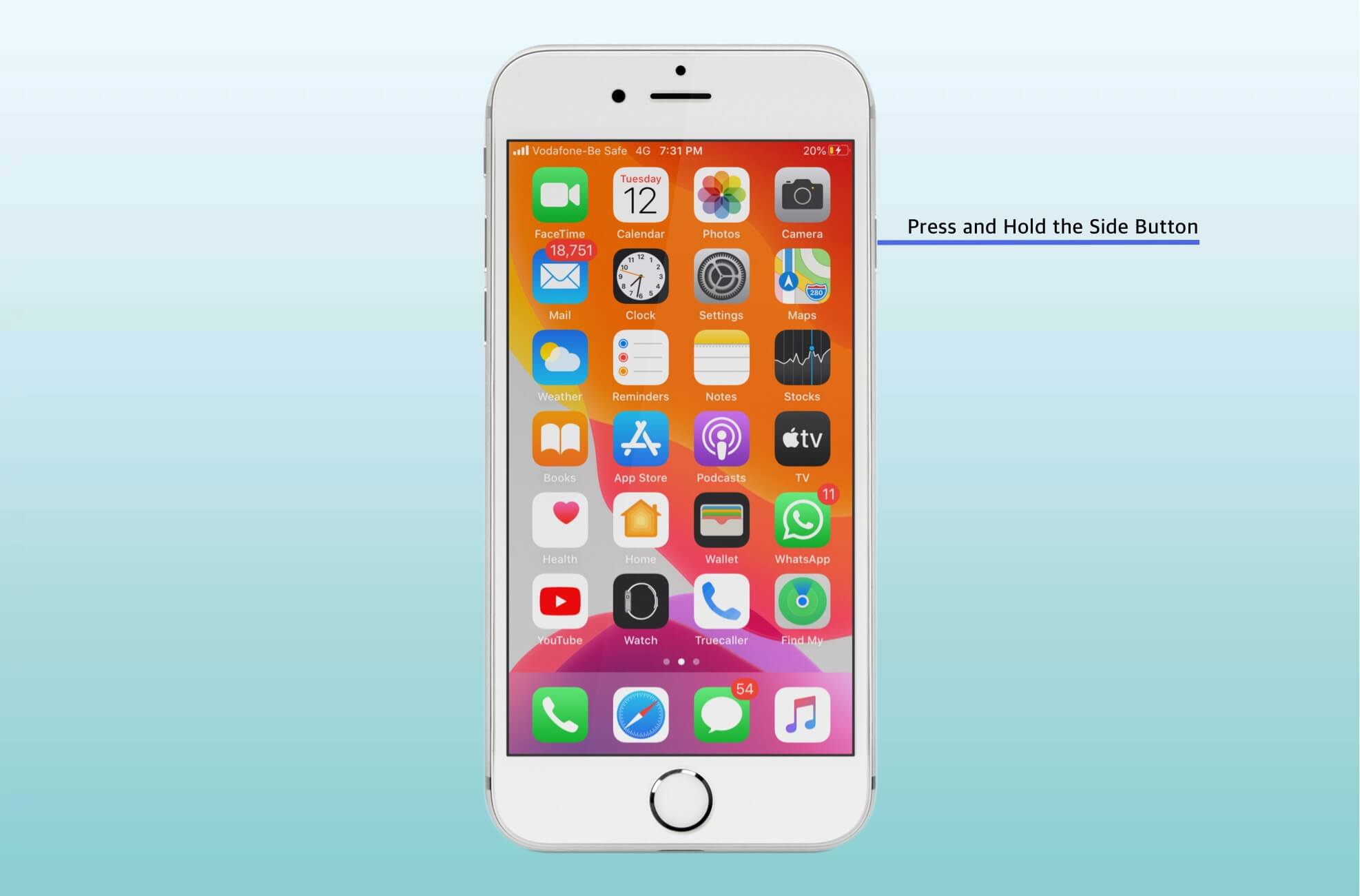 Mantenga presionado el botón lateral en el iPhone 6s