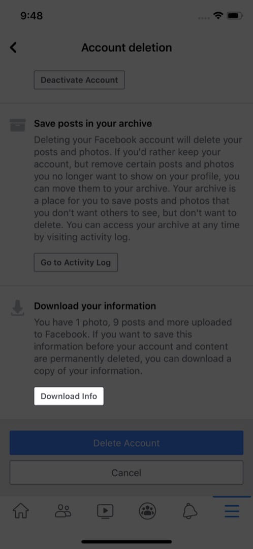 toque descargar información para hacer una copia de seguridad de los datos del perfil de Facebook