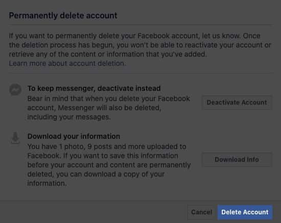 haga clic en eliminar cuenta en el perfil de facebook en mac
