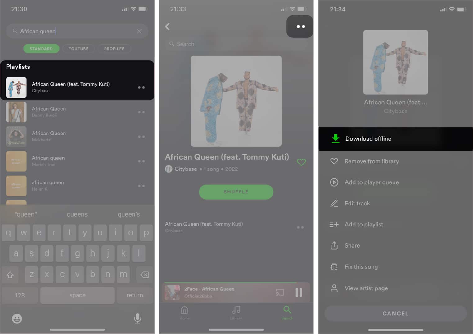 Toque Descargar sin conexión en la aplicación de música eSound para iOS