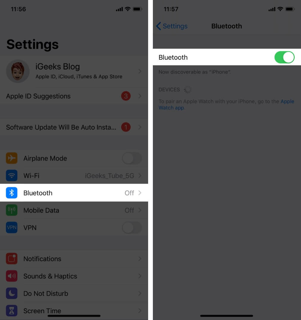 Activar Bluetooth desde la aplicación de configuración de iPhone