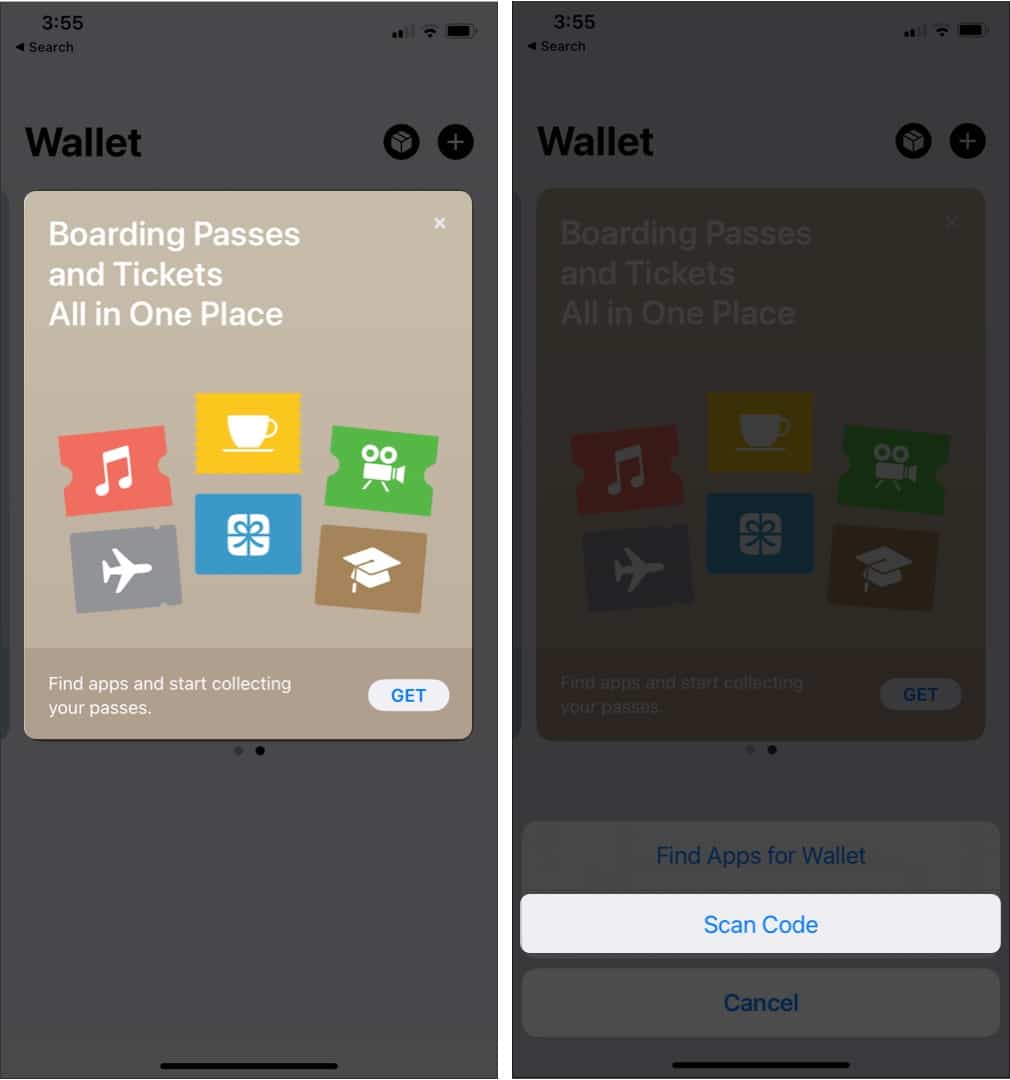 Agregar un pase o boleto a Apple Wallet en iPhone usando la opción Escanear código